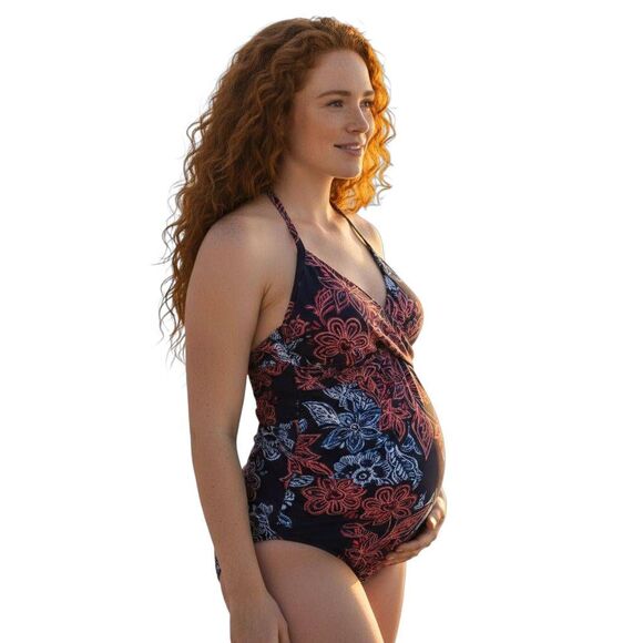 ISABEL MATERNITY BY INGRID & ISABEL NAVY, PINK, & WHITE FLORAL ONE PIECE SWIMSUI - Picture 1 of 7